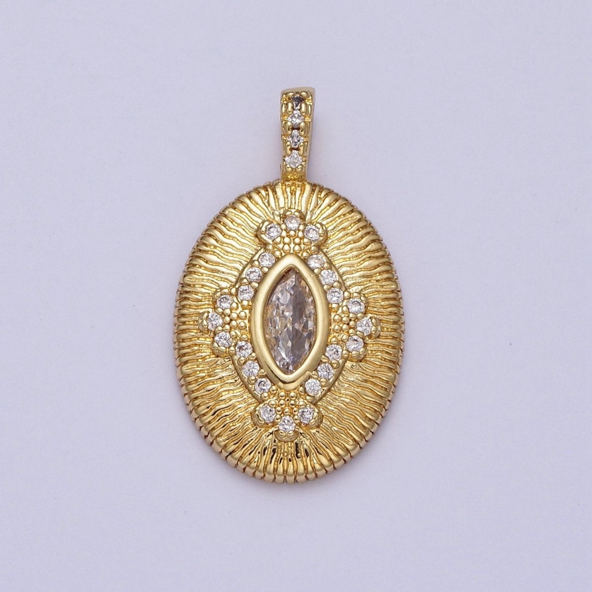 Green, Clear Marquise Line Textured Oval Micro Paved Gold Pendant H-911 H-935