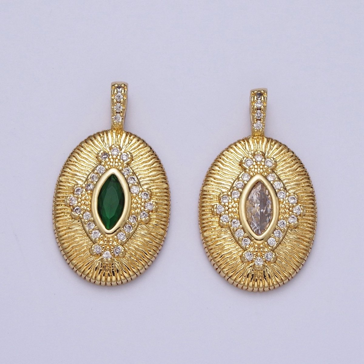 Green, Clear Marquise Line Textured Oval Micro Paved Gold Pendant H-911 H-935