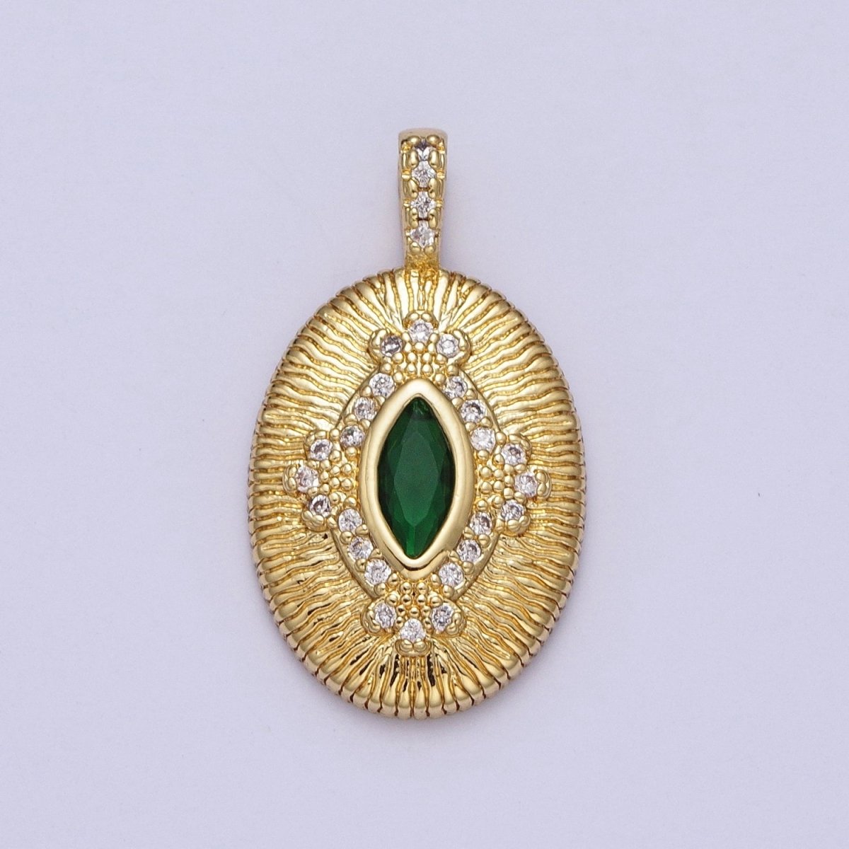 Green, Clear Marquise Line Textured Oval Micro Paved Gold Pendant H-911 H-935