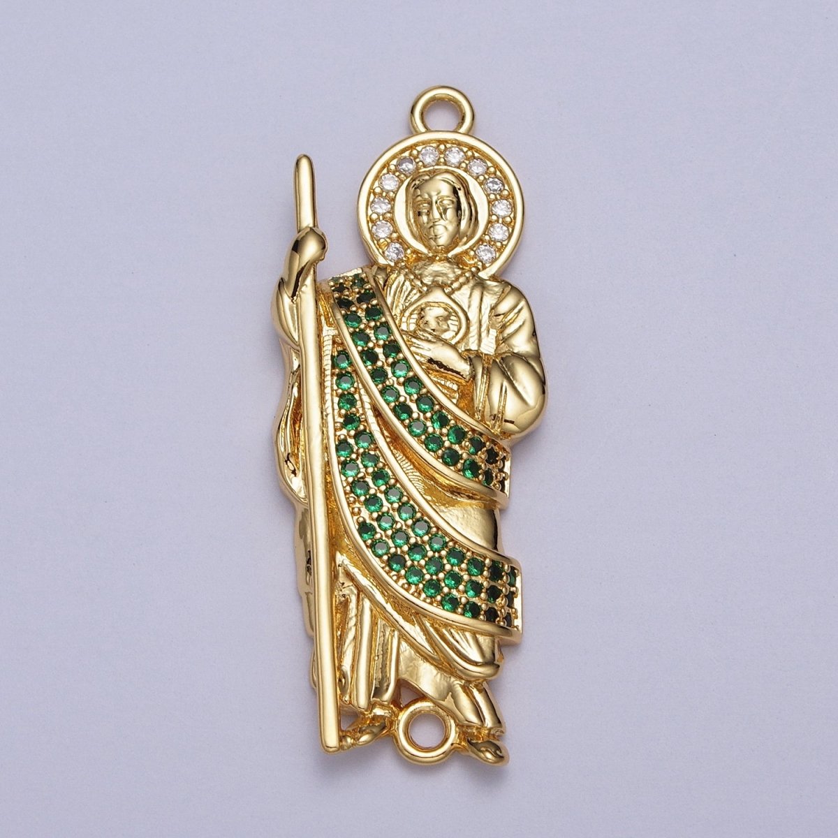 Green Micro Paved CZ Saint Jude Religious San Judas Tadeo Cadena Charm Connector for Bracelet | Y-674