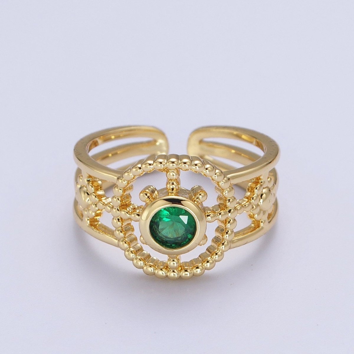 Green, Pink, Blue, Fuchsia, Purple, Black CZ Beaded Bubble Celestial Sun Flower Double Band Ring | O078 - O083