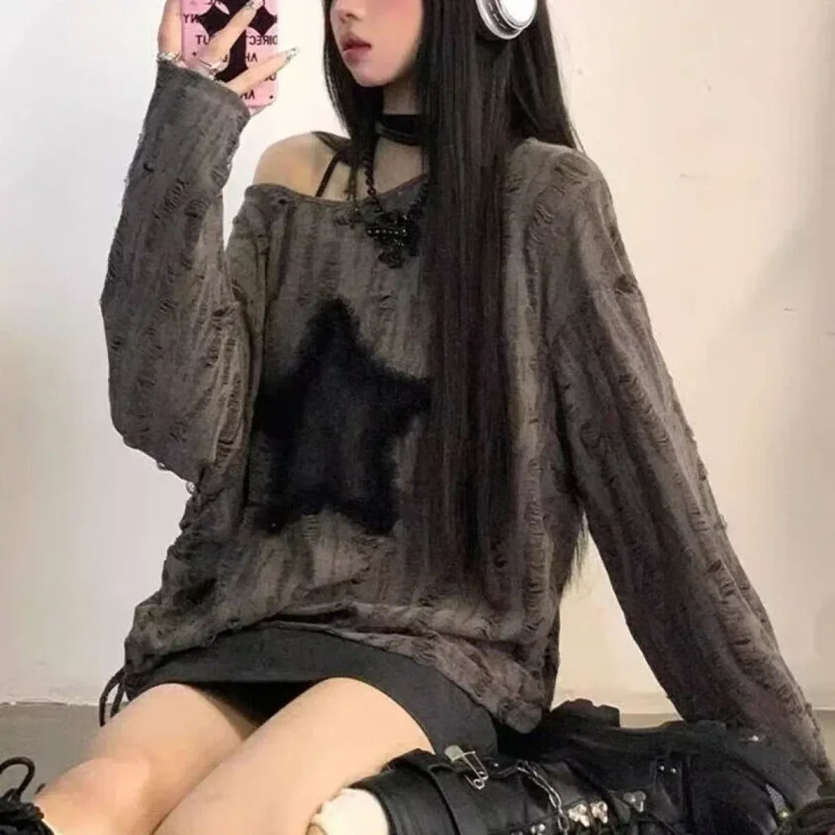 Grunge Star Print Distressed T-Shirt