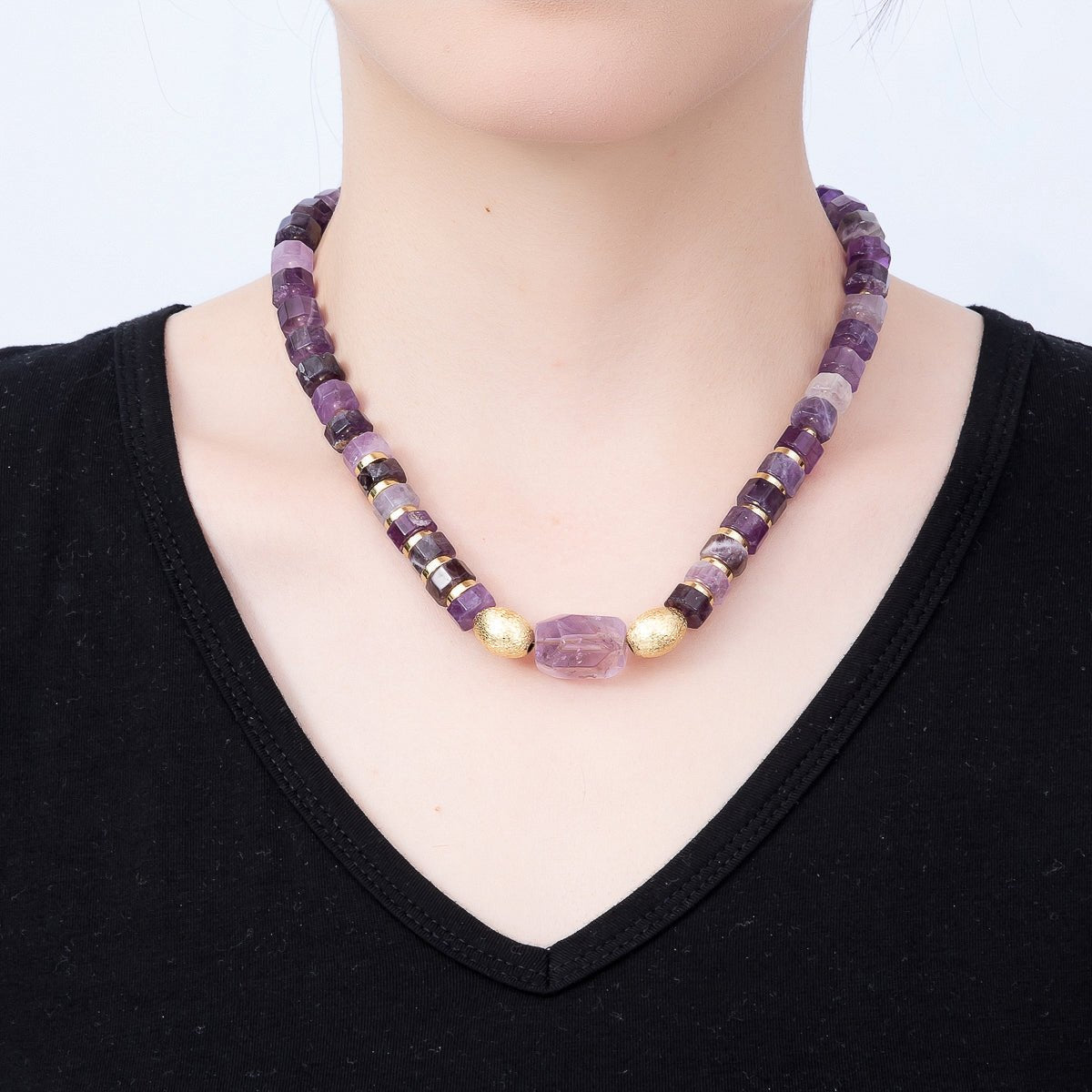 Handmade 16K Gold Filled Amethyst Tube Gemstone Chain 18 Inch Necklace | WA-01481