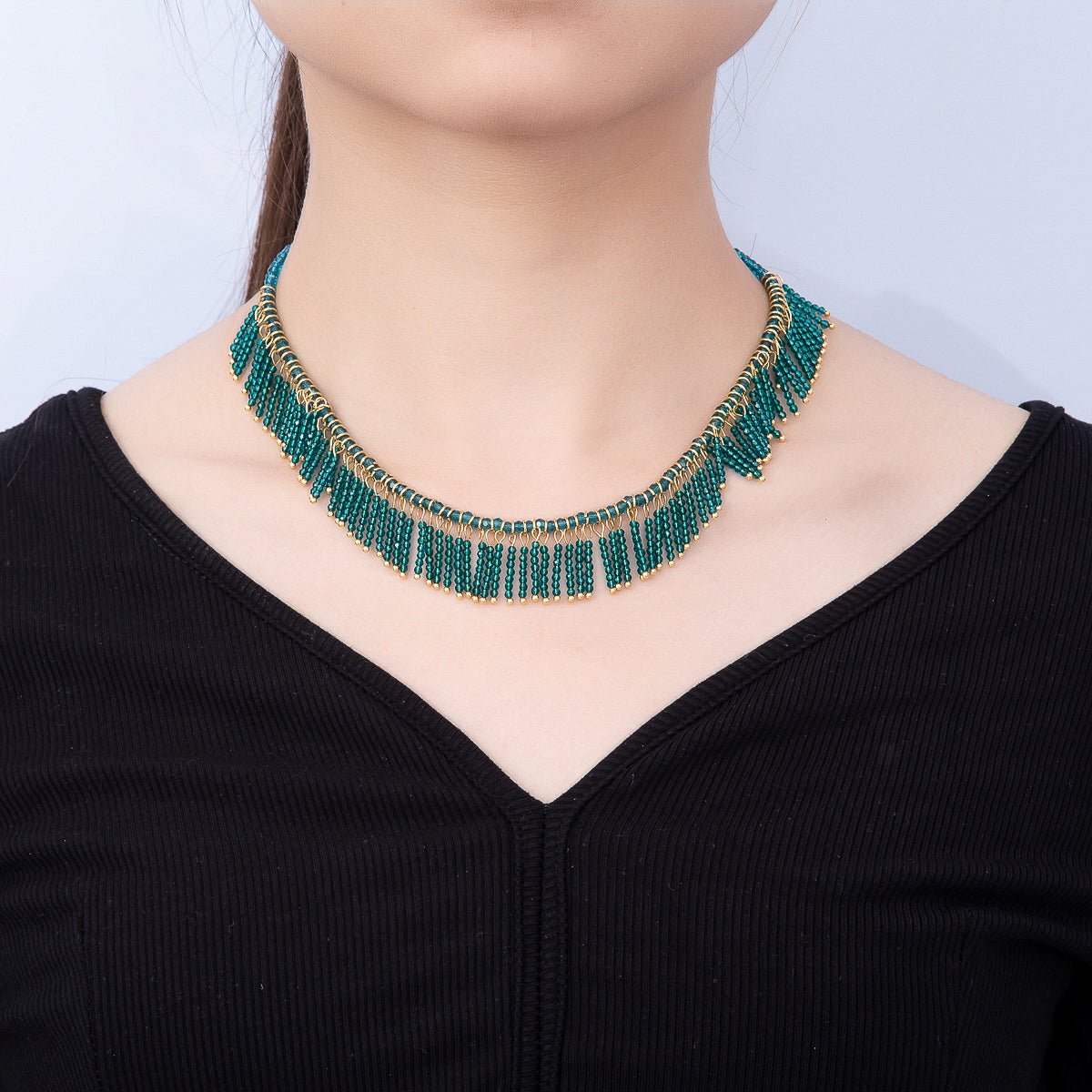 Handmade 3mm Blue, Clear, Brown Multi Layer Fringe Multifaceted Crystal Gemstone Chain 16 Inch Necklace | WA-01021