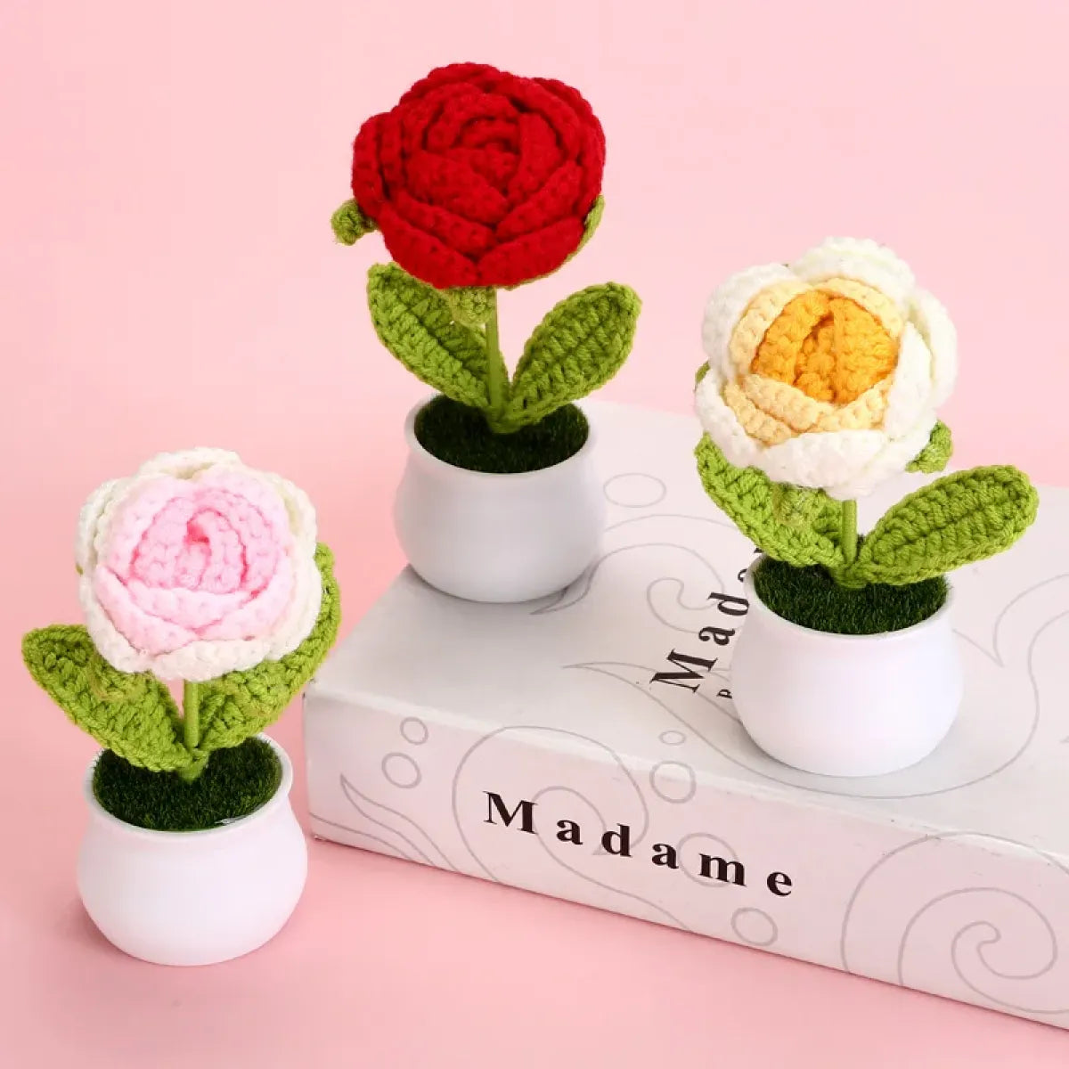 Handmade Crochet Rose Plush โ Potted Flower Decor Gift for Her