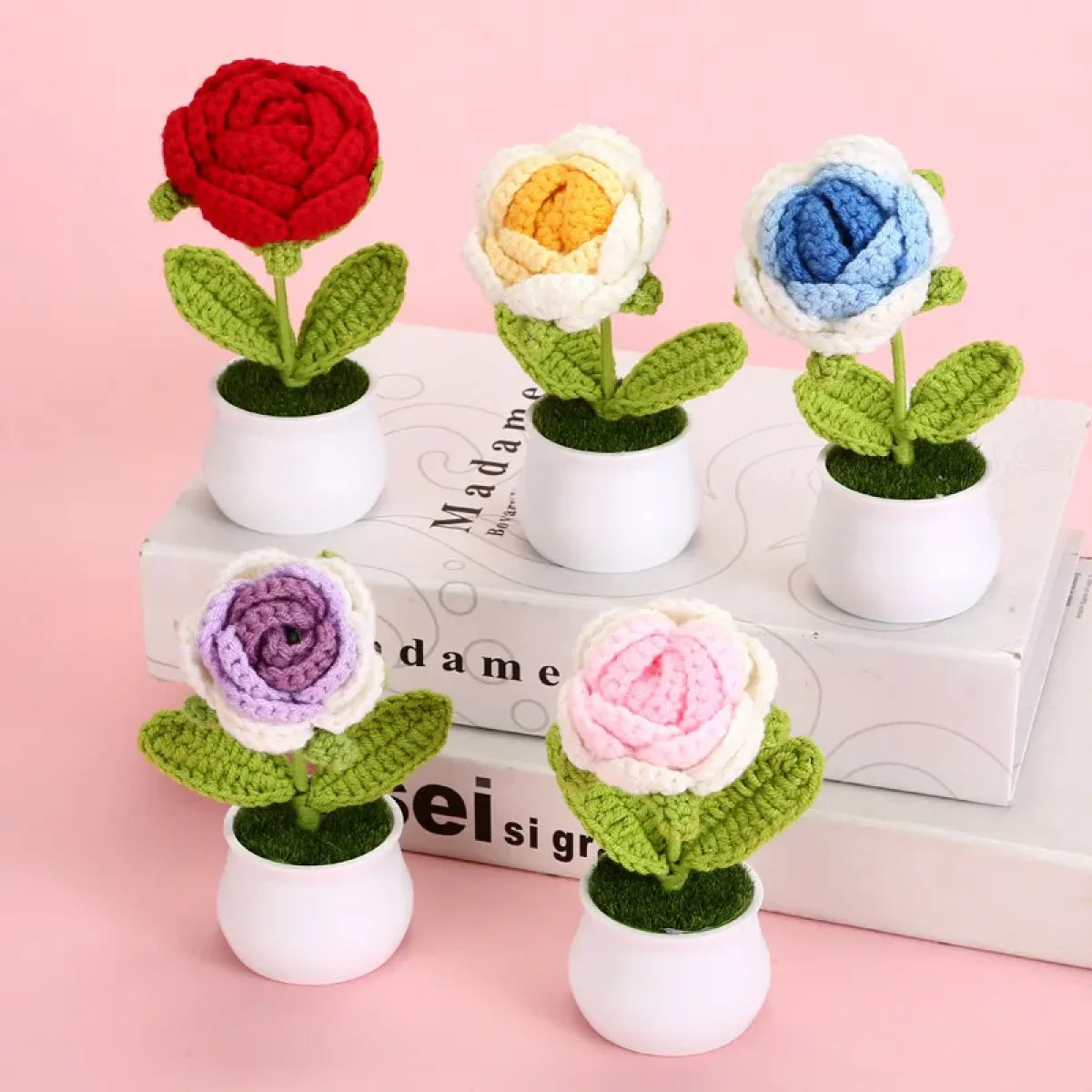 Handmade Crochet Rose Plush โ Potted Flower Decor Gift for Her