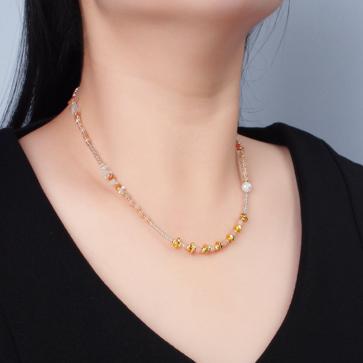 Handmade Pink Rose Quartz Beaded Chain Necklace with Freshwater Pearl 15.35 Inch with Extender | WA2570