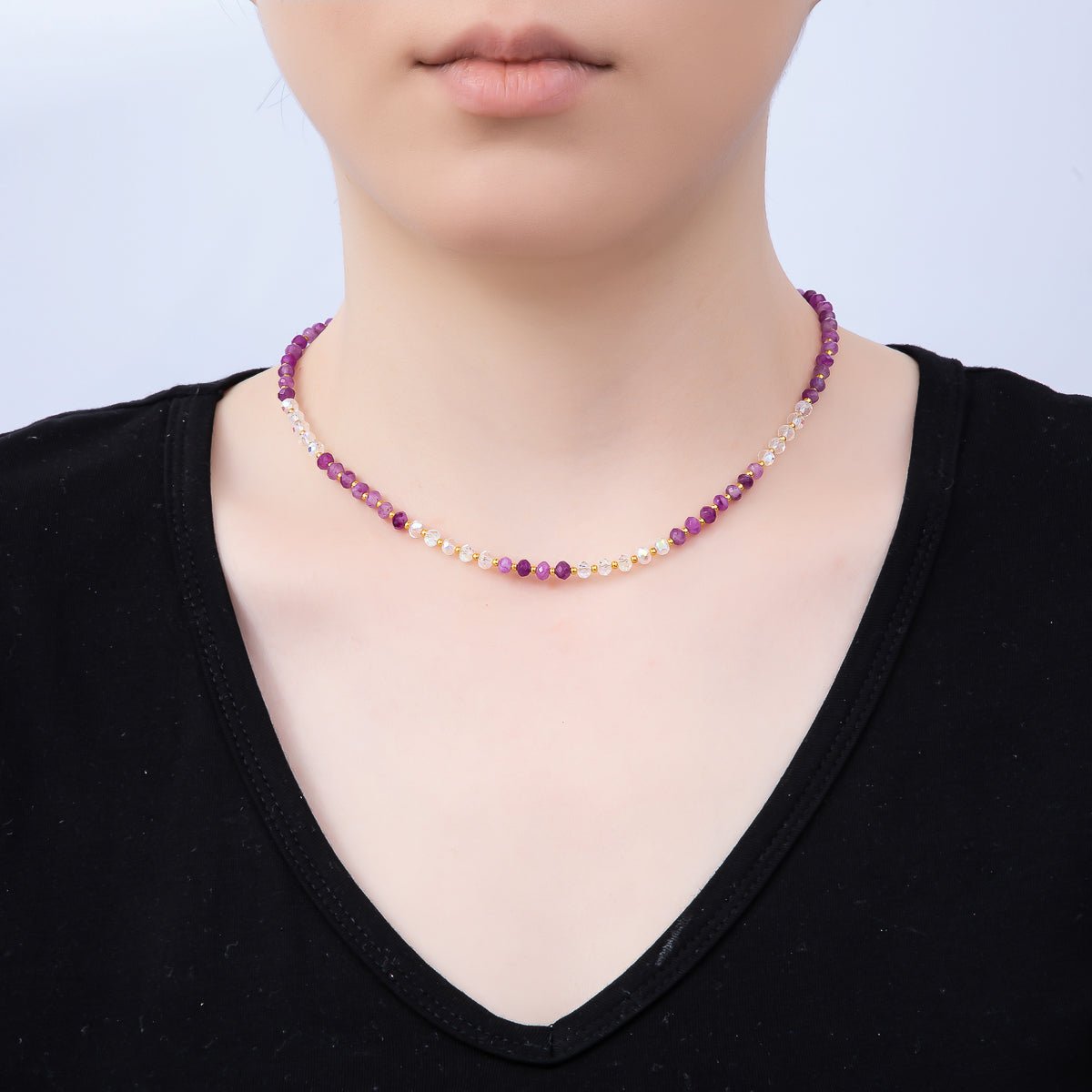 Handmade Stainless Steel 2mm AB Amethyst Gemstone Chain 16 Inch Necklace | WA-04640