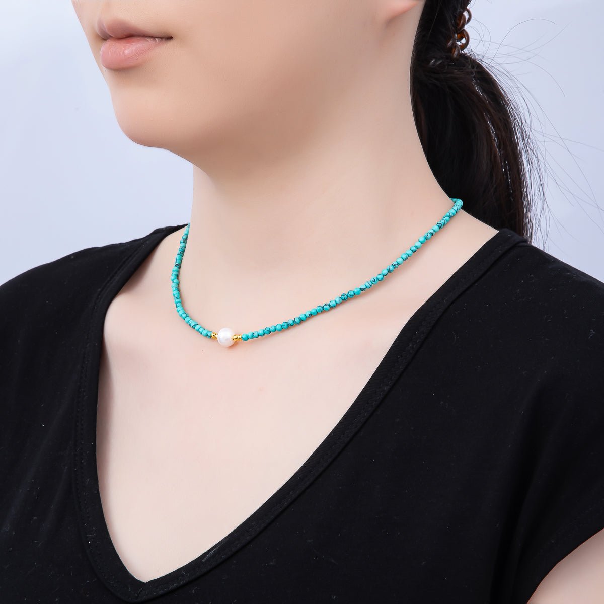 Handmade Stainless Steel 3mm Shell Pearl Blue Turquoise Gemstone Chain 15.5 Inch Necklace | WA-04644