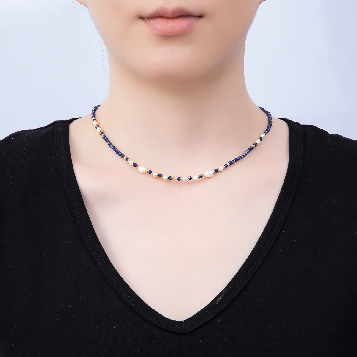 Handmade Stainless Steel 3mm Shell Pearl Lapis Lazuli Gemstone Chain 16 Inch Necklace | WA-04649