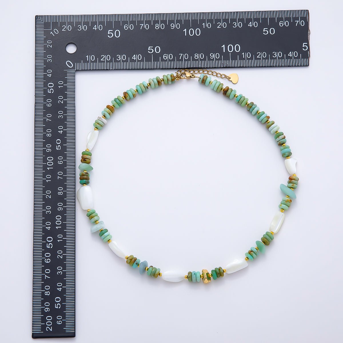 Handmade Stainless Steel 7mm White Shell Pearl Turquoise Rondelle Gemstone Chain 15.5 Inch Necklace | WA-04727