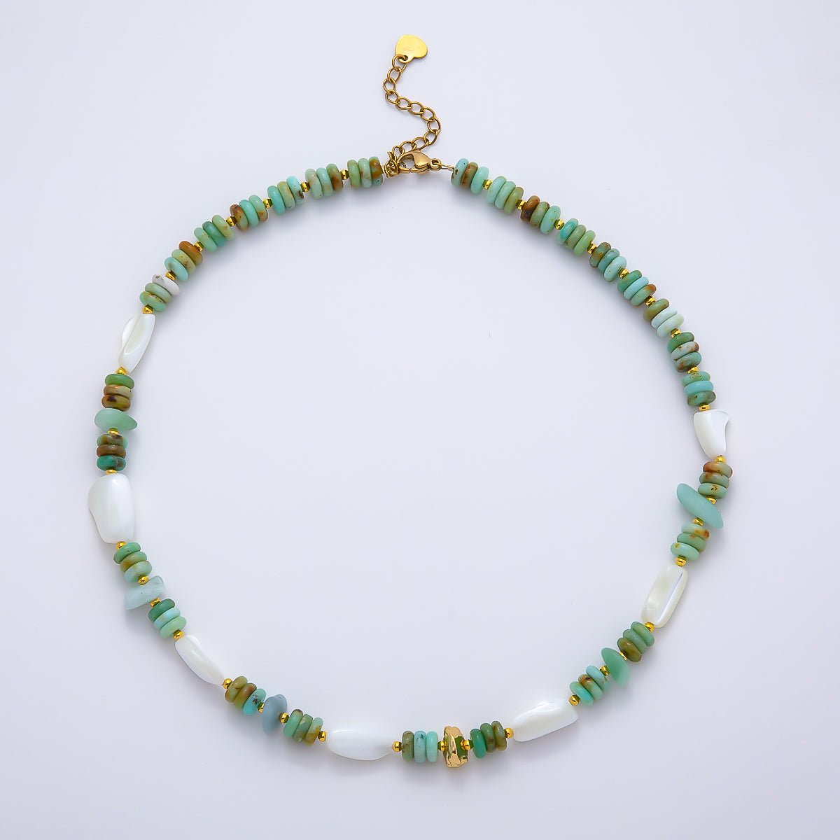 Handmade Stainless Steel 7mm White Shell Pearl Turquoise Rondelle Gemstone Chain 15.5 Inch Necklace | WA-04727