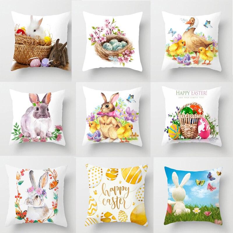 Happy Easter Pillowcase Easter Decorations For Home Party Rabbit Eggs Spring Easter Decor Linen Throw Pillow Cover Case Farmhouse Eggs Tree Rabbit Holiday Cushion Cover Polyester Pillow Cover