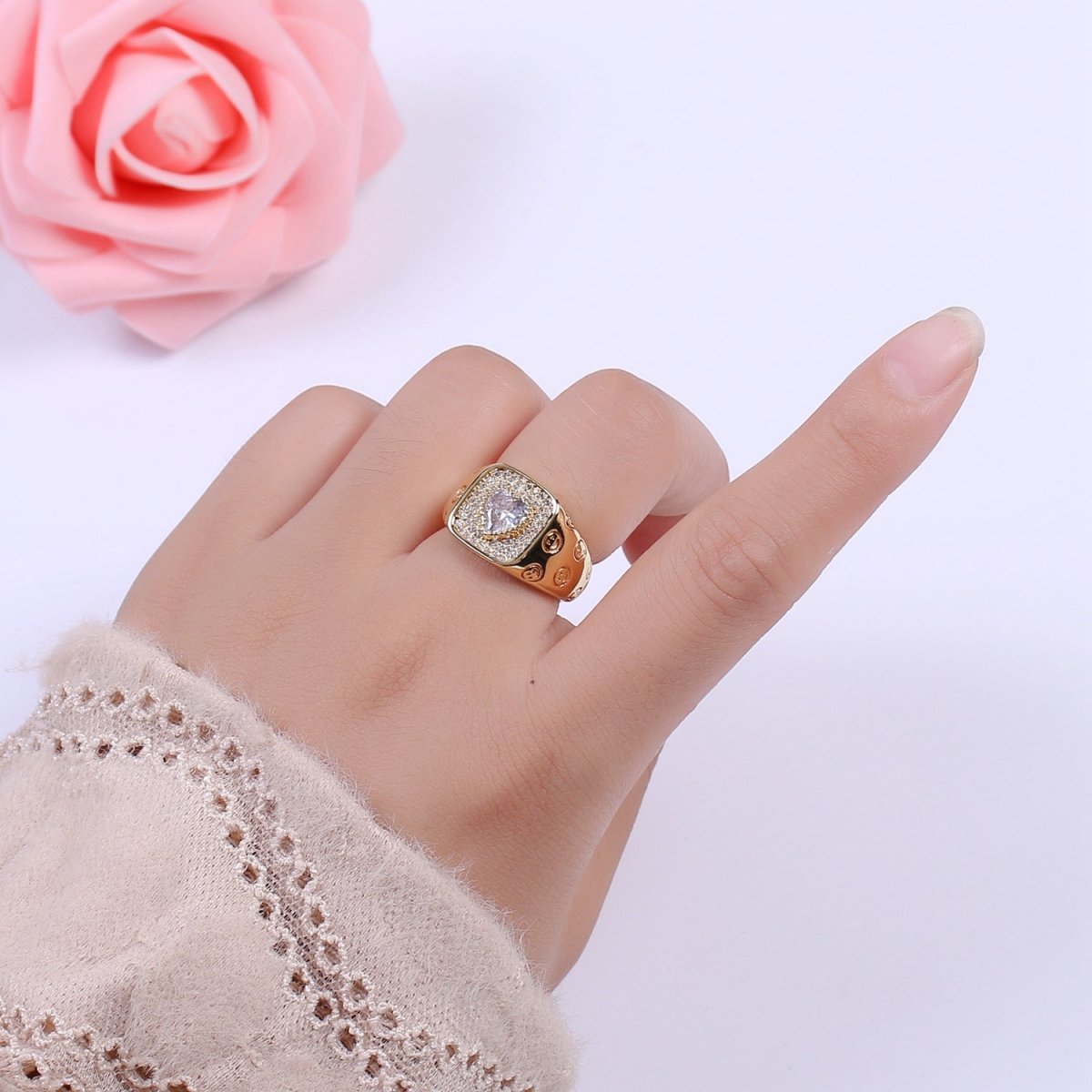 Happy Face Ring Gold Filled Heart Ring Simple Gold Signet Ring Open Ring for Stacking Jewelry us size 6.5 S-254 ~ S-257