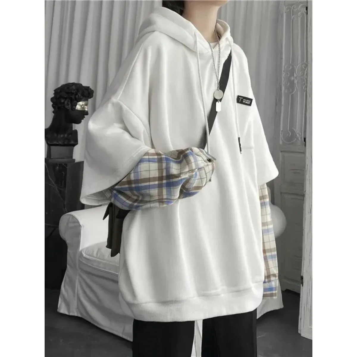Harajuku Oversized Unisex Hoodie – Plaid Patchwork Grunge Style