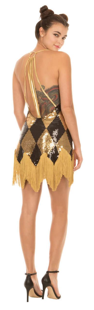 Harley Quinn Sequin Chemise Halloween Cosplay Costume Dress with Fringe