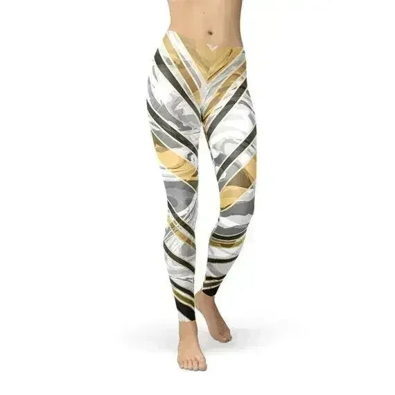 Womens White Marble w/ Black Gold Lines Leggings