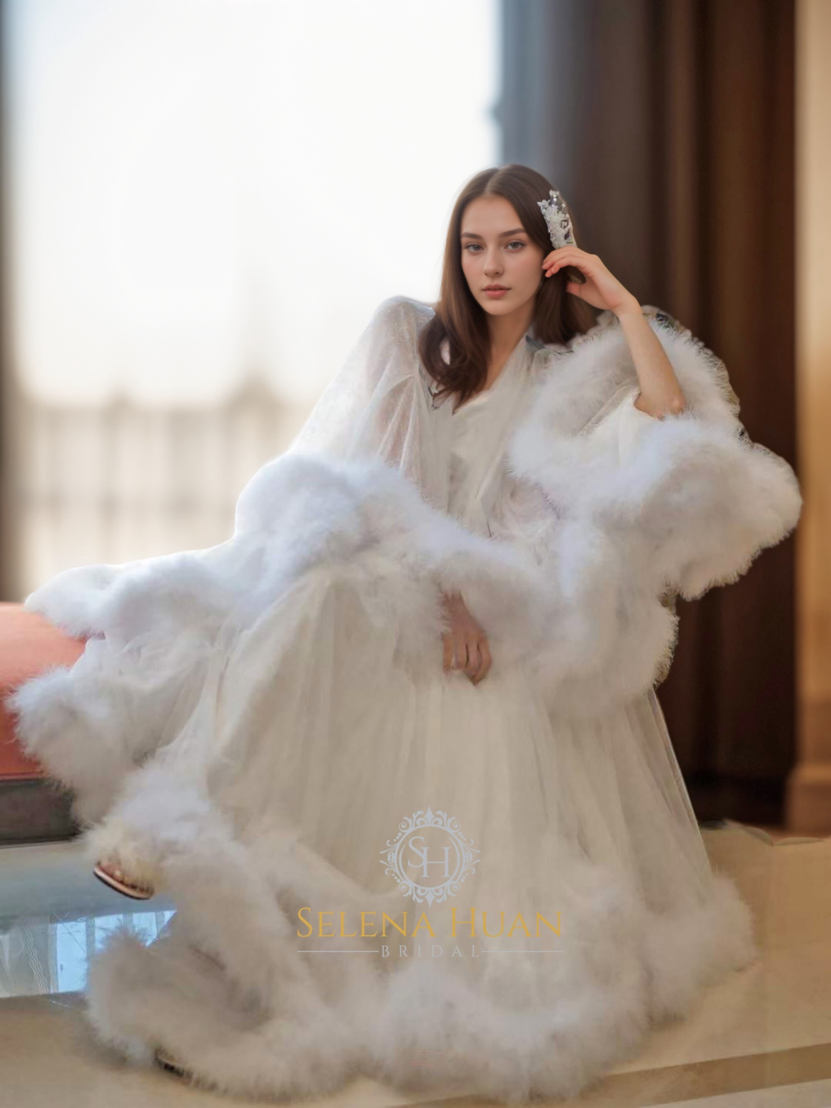 Luxury thick turkey feather fringe long bridal robe set with night gown