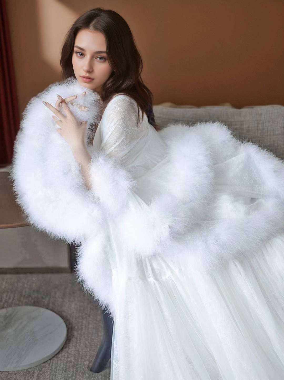 Luxury thick turkey feather fringe long bridal robe set with night gown