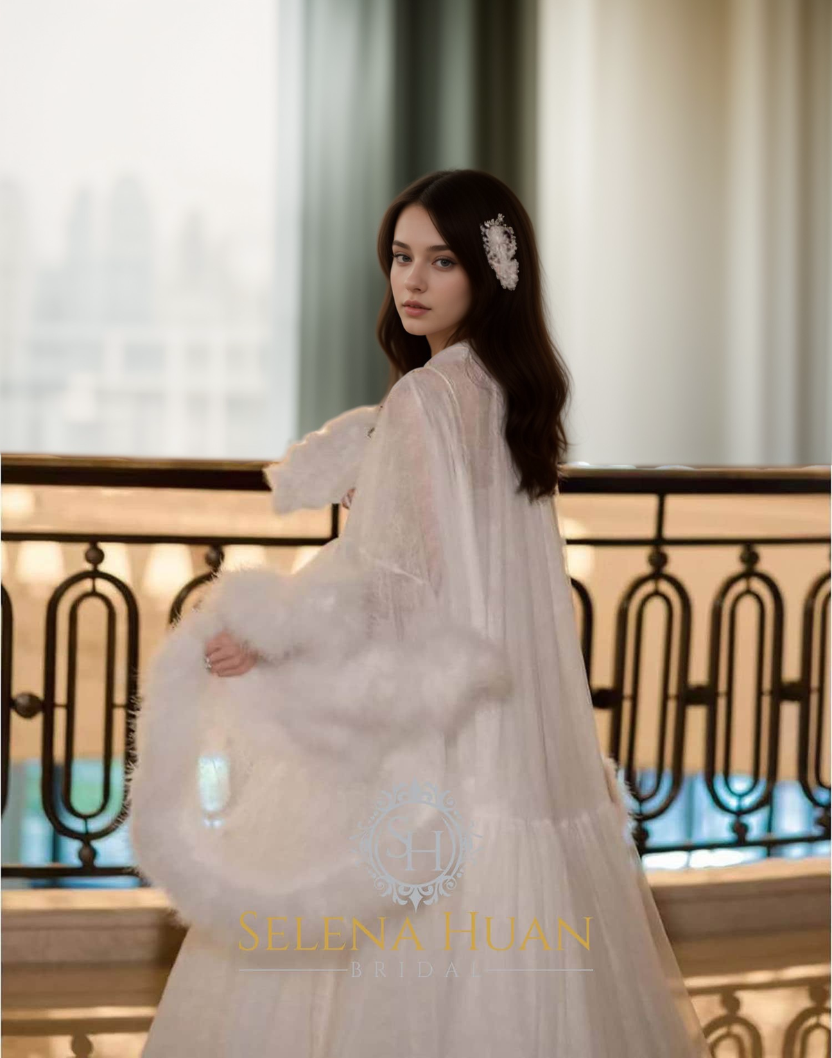 Luxury thick turkey feather fringe long bridal robe set with night gown