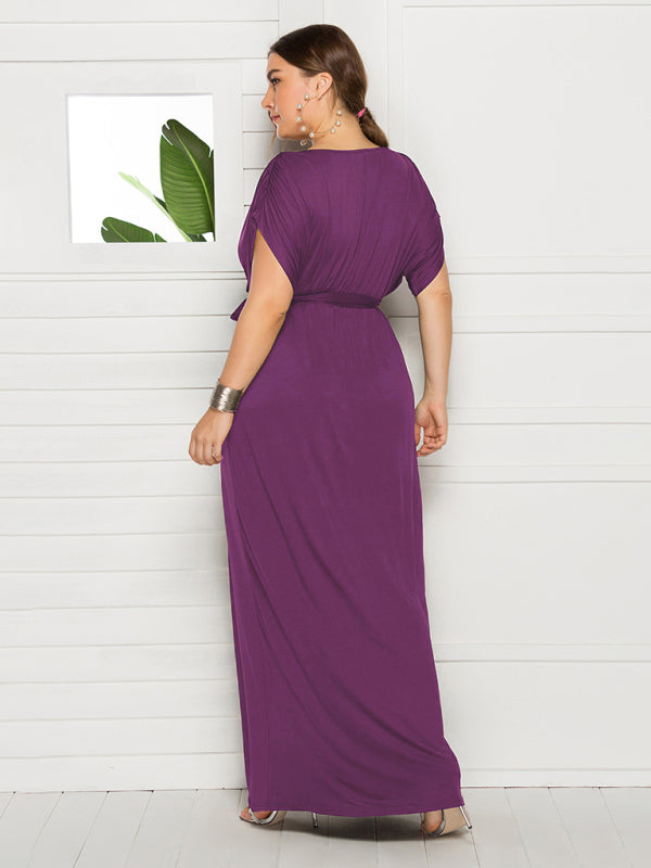 Maternity Knit Dress - Short Sleeve V-Neck Solid Color Dress