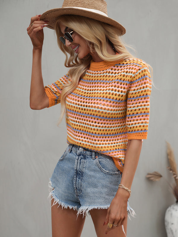 Paneled Hollow Knit Loose Crew Neck Striped Knit Sweater