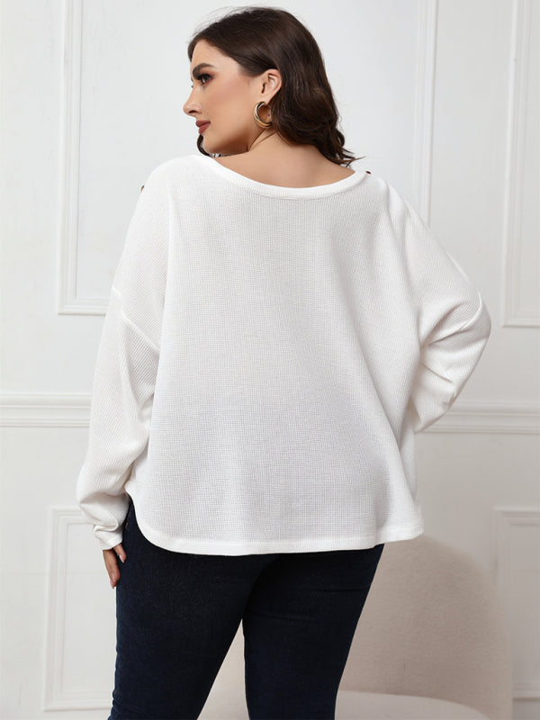 Plus Size Button Shoulder Knit Top Women Casual Long Sleeve Blouse