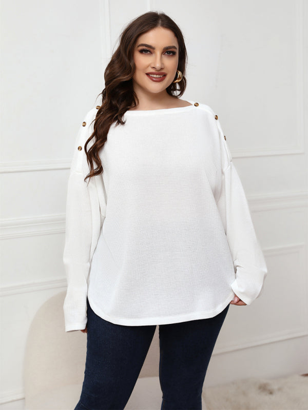 Plus Size Button Shoulder Knit Top Women Casual Long Sleeve Blouse