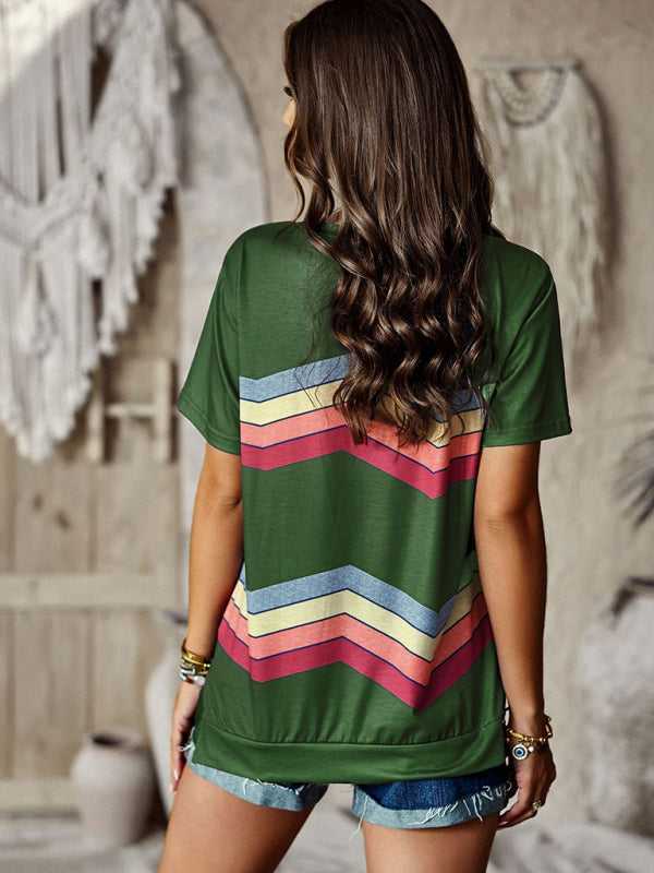 Modern round neck T-shirt rainbow strip top