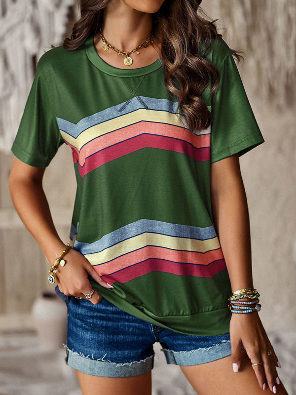 Modern round neck T-shirt rainbow strip top