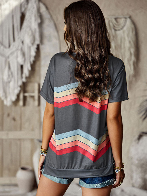 Modern round neck T-shirt rainbow strip top