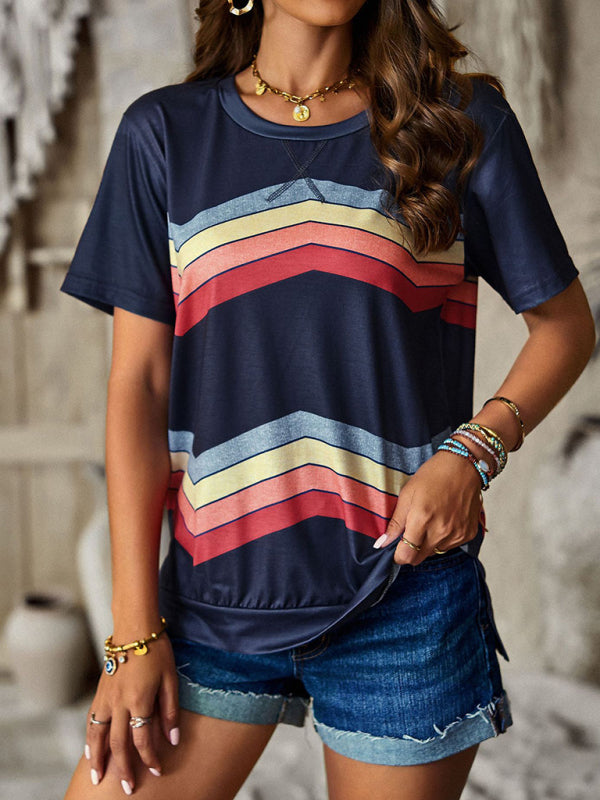 Modern round neck T-shirt rainbow strip top