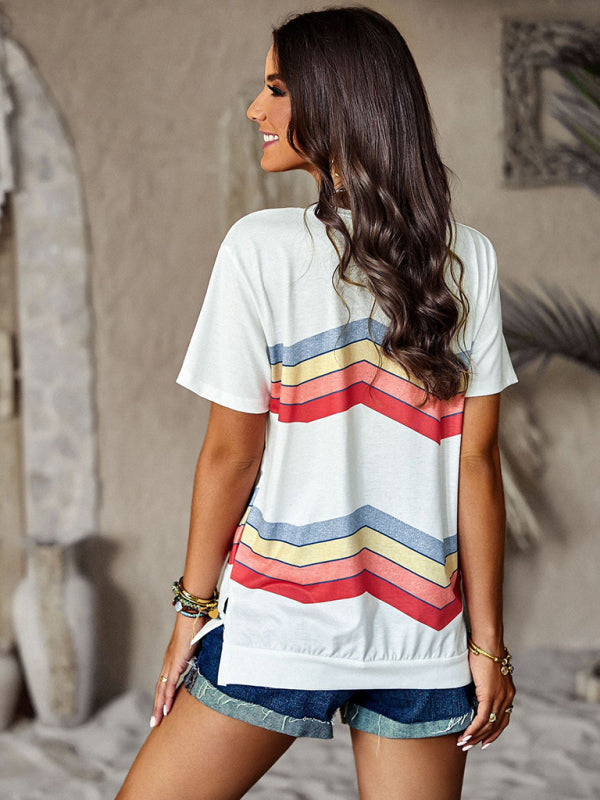 Modern round neck T-shirt rainbow strip top