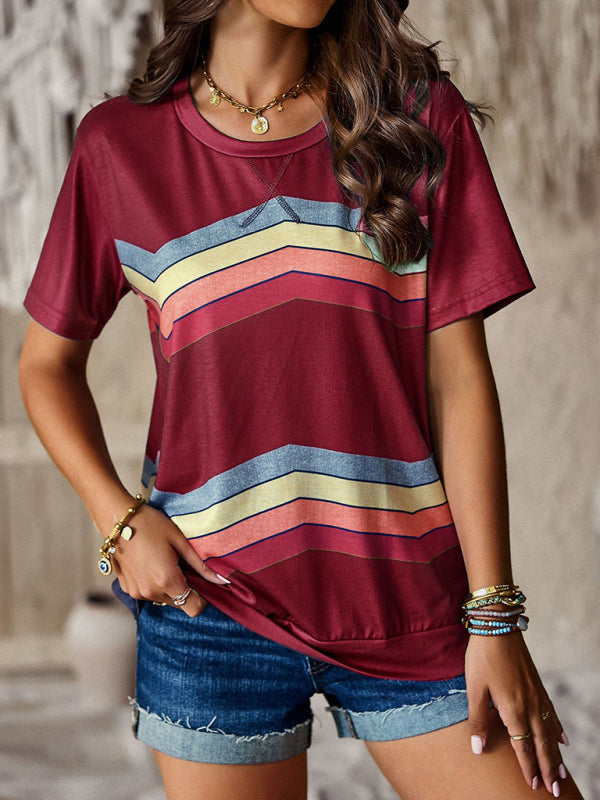 Modern round neck T-shirt rainbow strip top