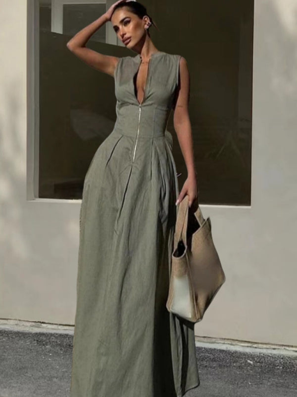 Modern Sleeveless V-neck Casual Temperament Commuter Waist Zipper Neck Dress