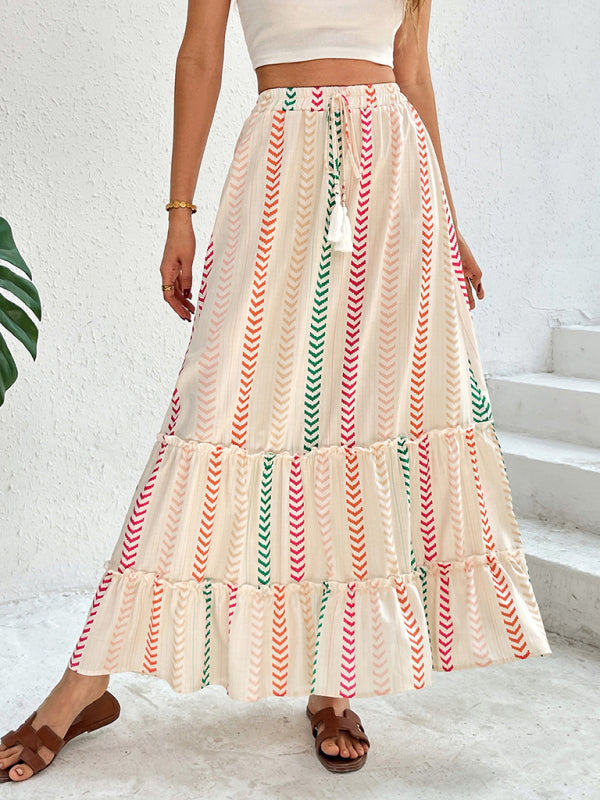 Contrast color print skirt elastic bohemian patchwork skirt
