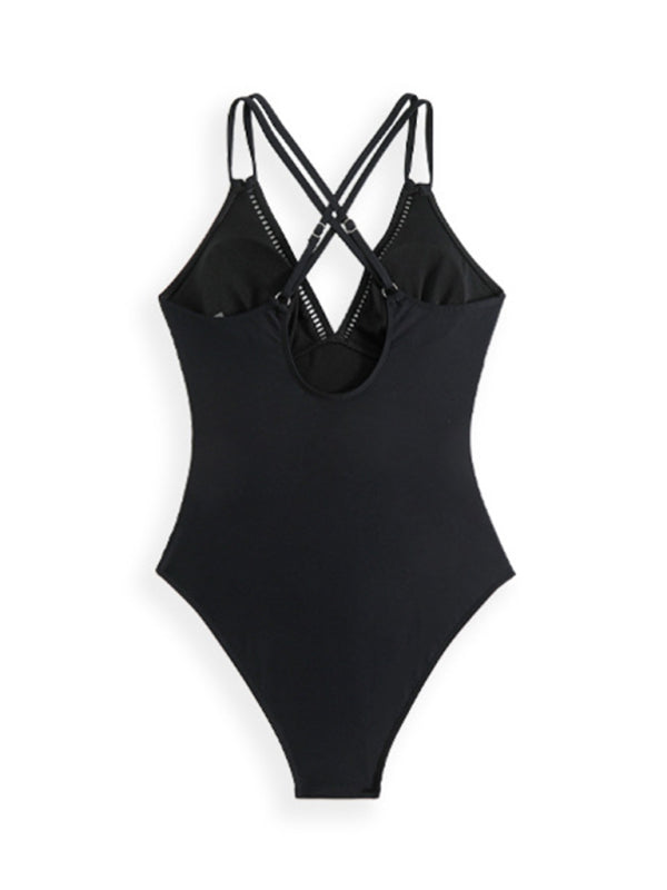 Modern solid color sling hollow one-piece swimsuit