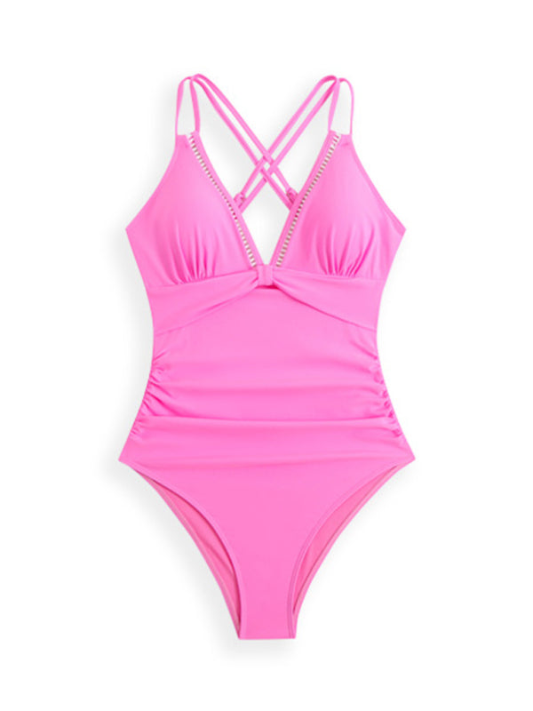 Modern solid color sling hollow one-piece swimsuit