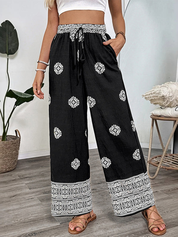 Holiday ethnic style printed straight trousers elastic waist drawstring casual comfortable straight trousers