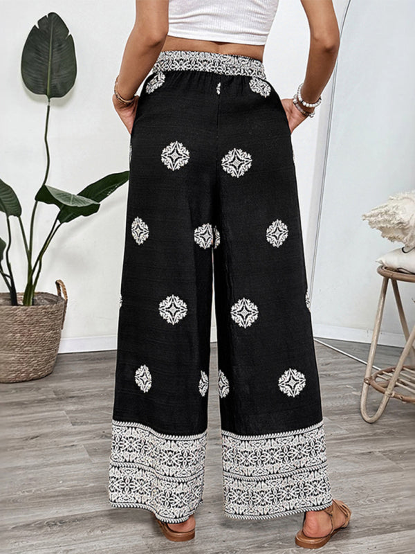 Holiday ethnic style printed straight trousers elastic waist drawstring casual comfortable straight trousers