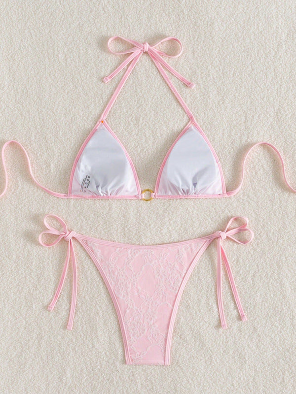 Backless white lace and pink bikini