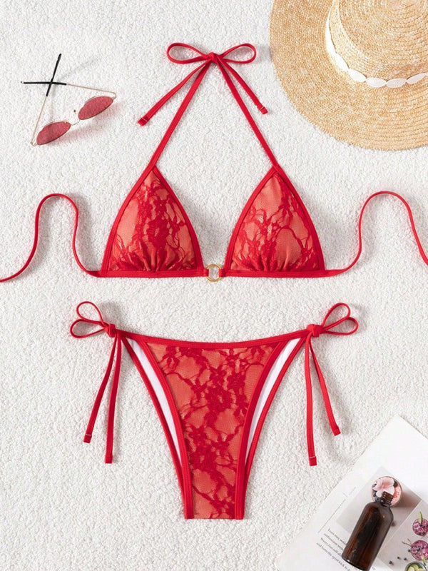 Red lace halter bikini