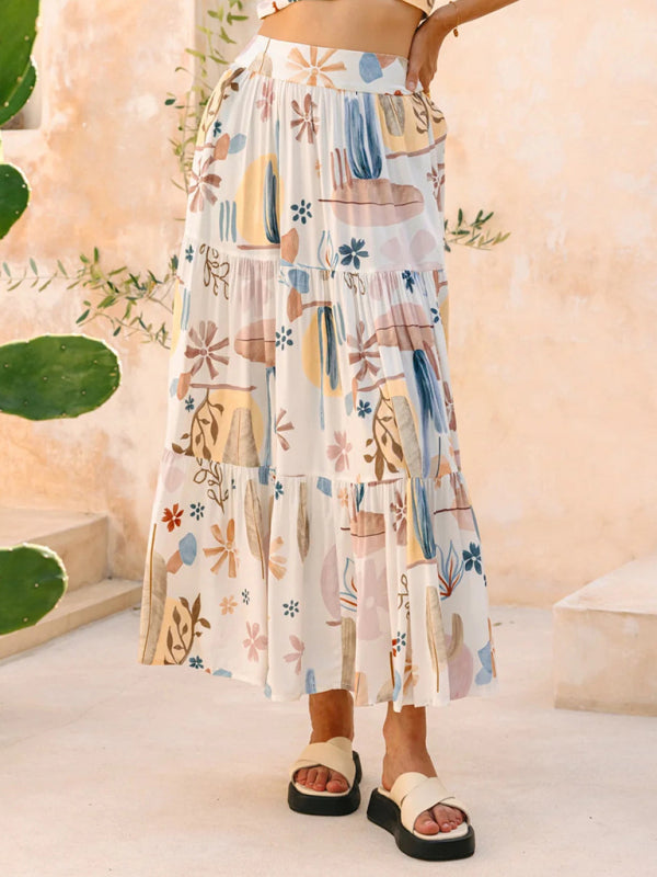 Modern White Plant Print Bohemian Holiday Beach Skirt