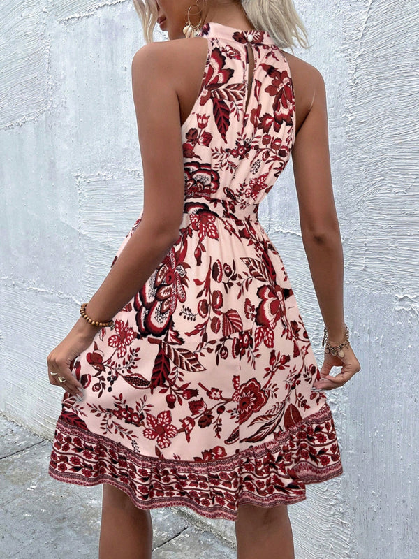 Fashion floral waist halter neck dress