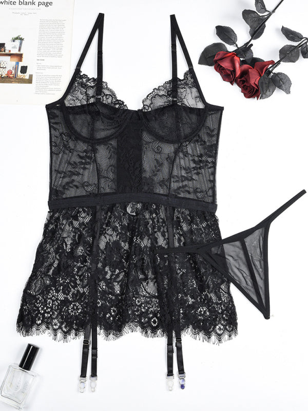 Thin lace see-through nightgown with irregular hem sexy erotic set