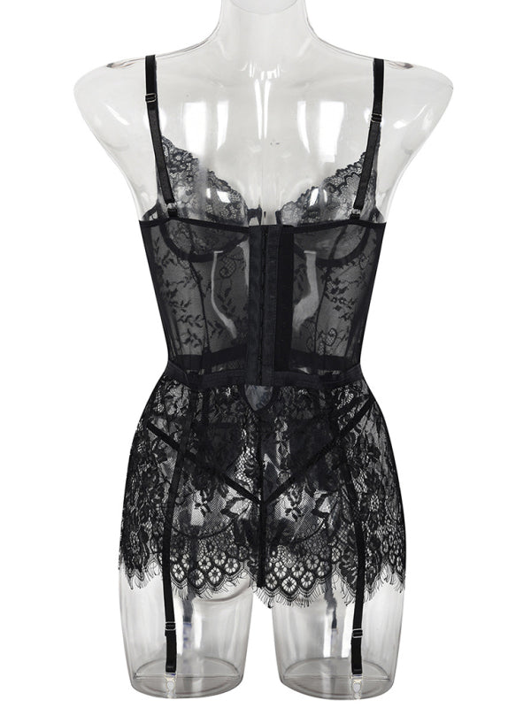Thin lace see-through nightgown with irregular hem sexy erotic set