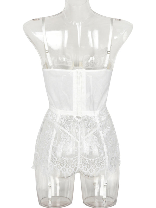 Thin lace see-through nightgown with irregular hem sexy erotic set