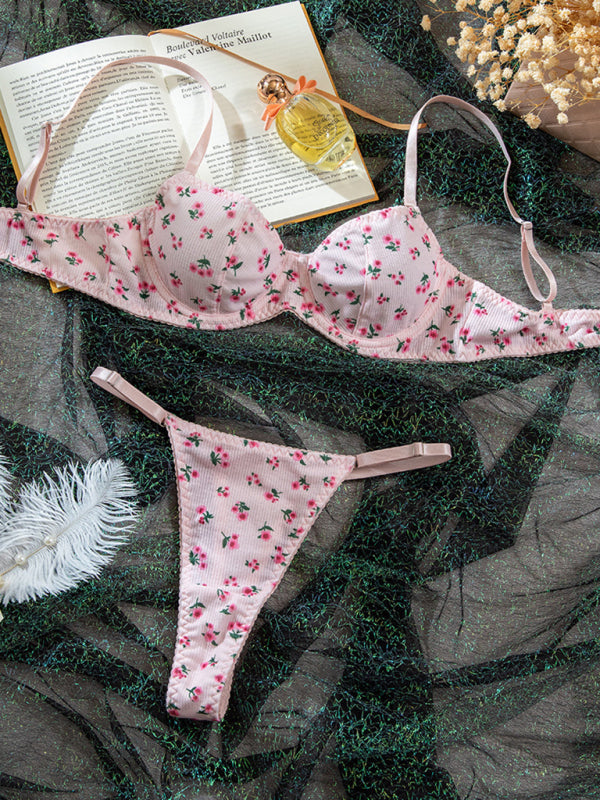 Sexy pastoral floral knitted lingerie set