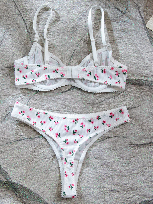 Sexy pastoral floral knitted lingerie set