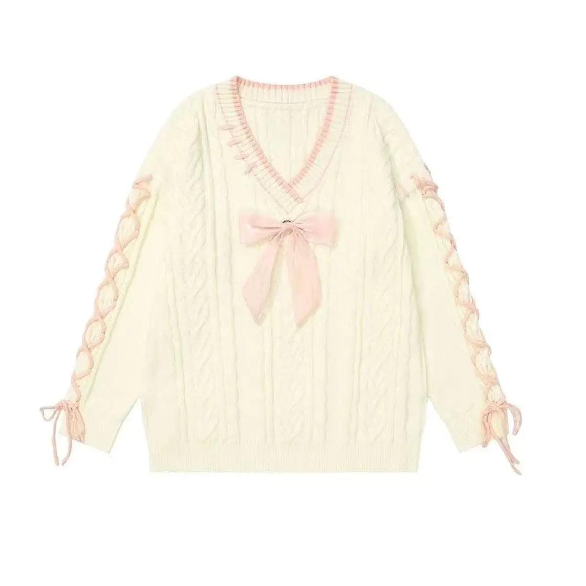 Kawaii Bow Knit Sweater – V-Neck Oversized Winter Jumper